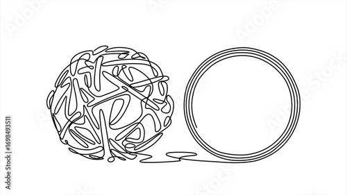 Continuous one line drawing of Chaotically tangled line and untied knot in form of circle. Psychotherapy concept of solving problems is easy. Unravels chaos and mess difficult situation. Hand drawn 