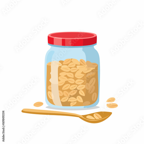 Oatmeal or granola flakes in glass jar with spoon. Healthy cereal breakfast icon. Oat snack, delicious snack.