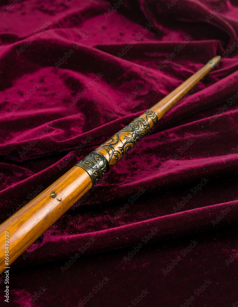Fototapeta premium Wooden wand on deep maroon fabric