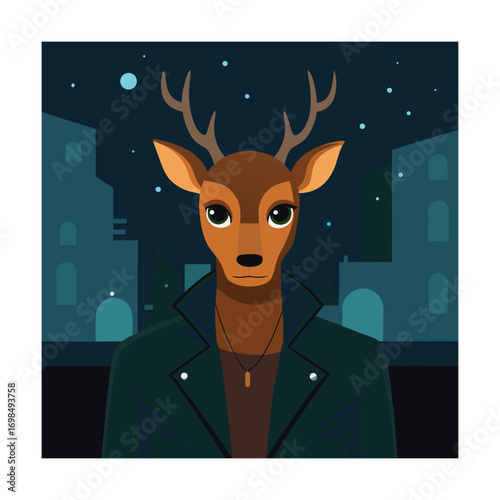 Anthropomorphic deer with antlers wearing a leather jacket