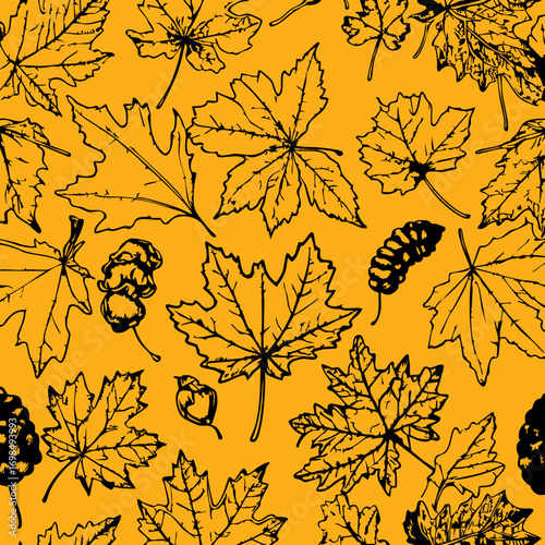 Autumn Maple Leaves Seamless Pattern, autumn leaves seamless pattern. hand drawn vector illustration