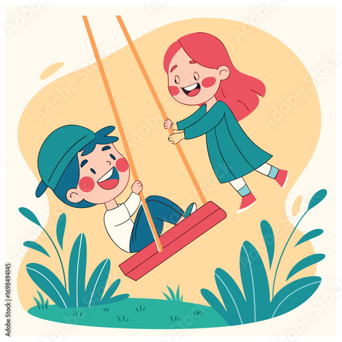 A charming illustration of a young boy and girl engaged in playful activities, rendered with vibrant colors and clean lines with color ai 