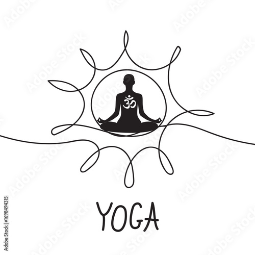 Yoga. Man relaxing in lotus position against the sun. Meditation. Web banner dedicated to International Yoga Day. Yoga pose in flat design. Om or Aum is a sacred Indian sound.