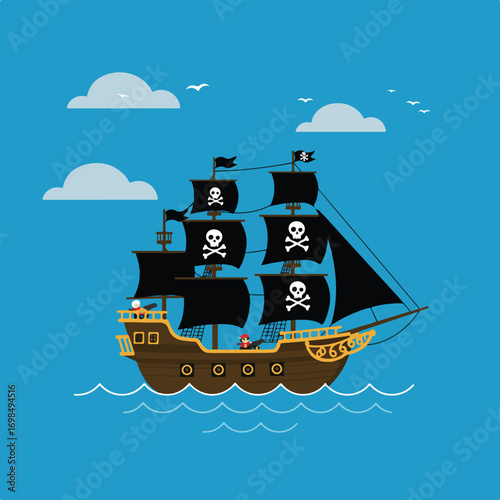 Pirate ship sailing, black sails with skulls, blue sky, white clouds