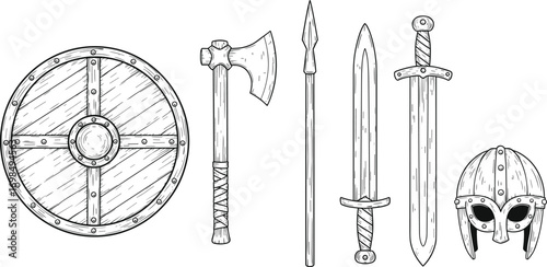 Vintage Viking weapons and armor set, including wooden shield, battle axe, spear, swords, and traditional helmet, medieval warrior equipment illustration.