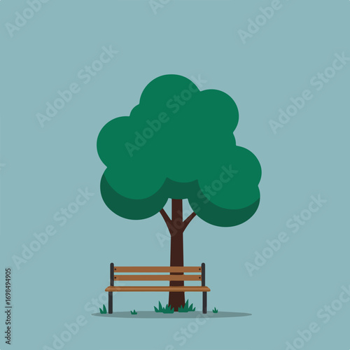 Park Bench Tree and seat on blue