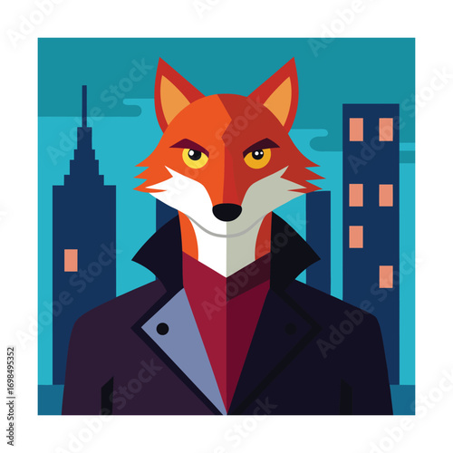 Anthropomorphic Fox Character in Jacket with Cityscape Background