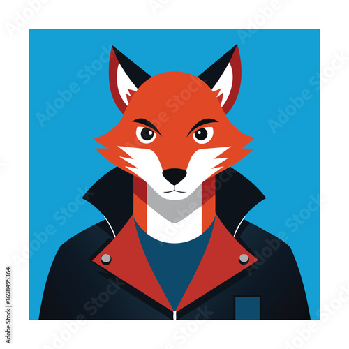 Anthropomorphic Fox in a Leather Jacket and Blue Background Keywords: fox, animal