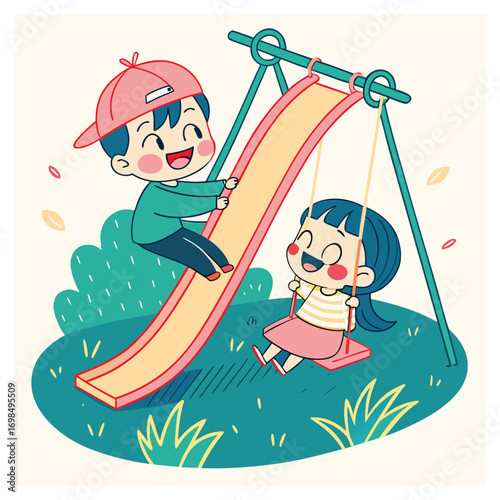 Illustration of a young boy and girl engaged in joyful play, depicted with vibrant colors and clean lines. eps