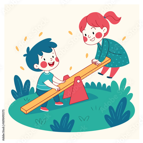 Joyful illustration of a boy and girl playing together A vibrant vector design featuring a boy and girl engaged in playful activity, rendered with a rich color palette.
