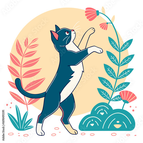 Eight playful cats in vibrant colors, A lively vector illustration featuring eight distinct cats engaged in playful activities, rendered with a rich palette of CMYK and RGB colors.