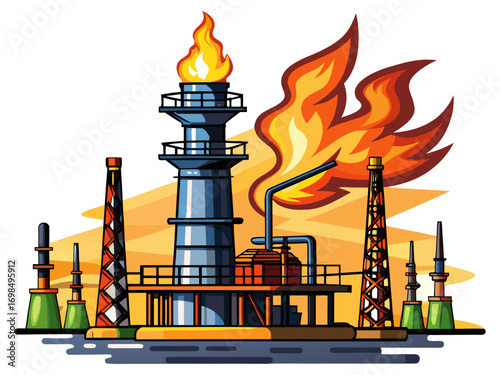 A high-quality vector illustration of an oil refinery flare stack, isolated on a white background