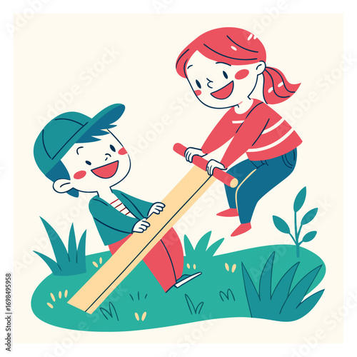 A vibrant vector design featuring a boy and a girl engaged in playful activity, rendered with a variety of colors and clear lines.