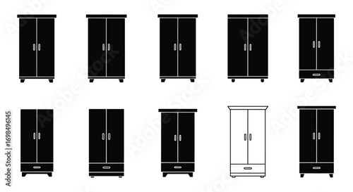 various styles of black and white wardrobes displayed neatly