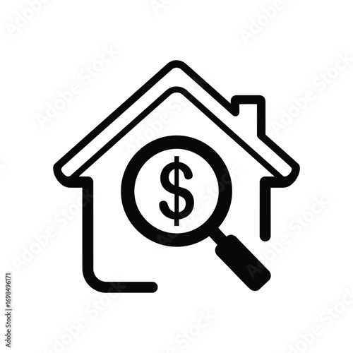 Real Estate Valuation Icon – House with Magnifying Glass and Dollar Sign Vector Illustration