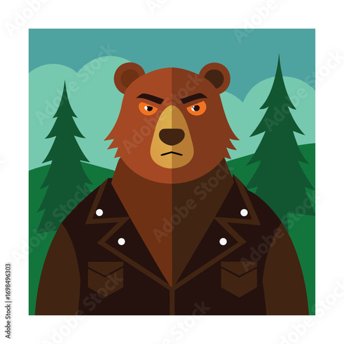 Grizzly Bear in Leather Jacket in Forest Setting animal