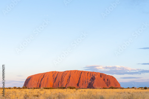 Foto Uluru or Ayers rock with yellow grass at sunset in spring within Uluru Kata Tjuta National Park, Australia