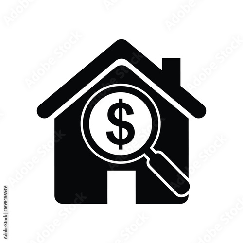 Real Estate Value Icon – House with Dollar Sign and Magnifying Glass Symbol for Property Investment and Home Appraisal