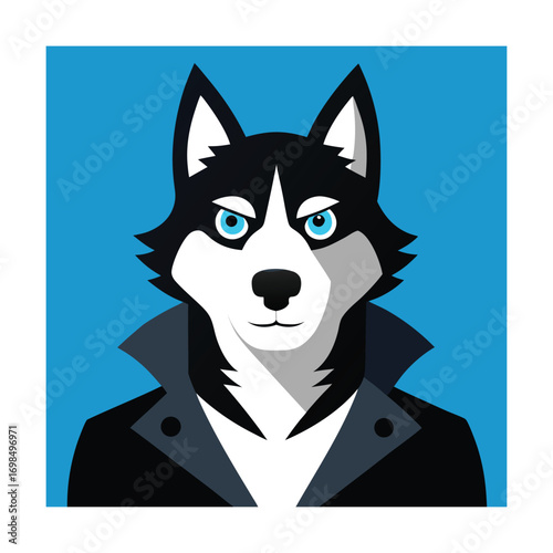 Husky Dog Wearing a Black Jacket and Blue Background