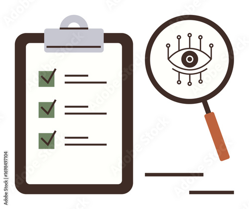 Checklist with marked tasks and magnifying glass over eye icon representing data analysis, inspection, and focus. Ideal for evaluation, auditing, quality control, oversight, research, organization