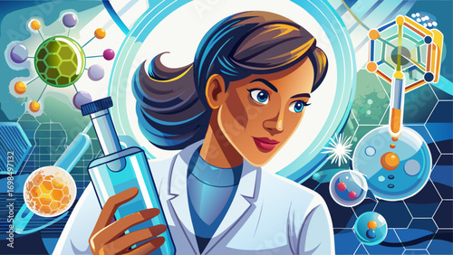 Close-up portrait of female nanotechnology researcher examining samples. White background showcases advanced science, dedication, and discovery.