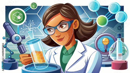 Close-up portrait of female nanotechnology researcher examining samples. White background showcases advanced science, dedication, and discovery.