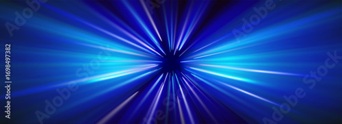 Space blue warp hyperspace with lightspeed light background effect. Line anime fast neon abstract perspective star trail motion glow. Streak night tunnel zoom way or technology flare vector design.