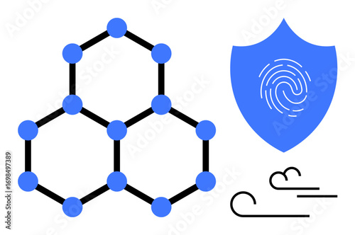 Hexagonal molecular bonds, fingerprint shield symbolizing data protection, and airflow lines. Ideal for chemistry, cybersecurity, biometrics, innovation, science, environment modern simplification