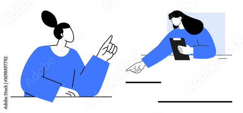 Two individuals exchanging ideas with gestures one pointing upwards, another with a clipboard indicating direction. Ideal for teamwork, collaboration, brainstorming, communication, decision-making