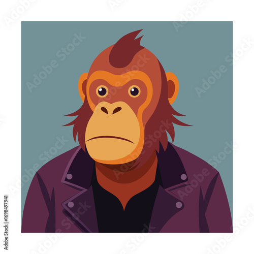Monkey wearing a purple leather jacket and black shirt Keywords: monkey, ape, primate, animal