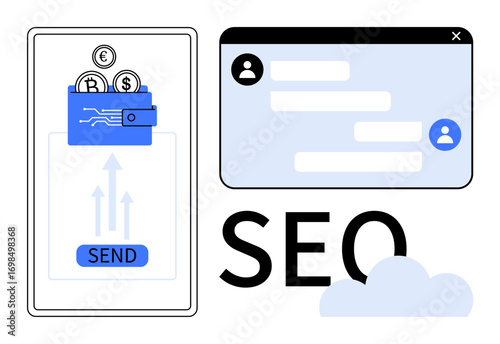 Wallet with coins and send button, chat messages in a browser window, SEO text, and a cloud symbol. Ideal for finance, communication, technology, marketing, e-commerce web development simple