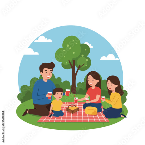 Family picnicking with drinks on blanket under trees, enjoying time together