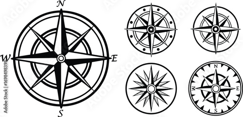 nautical compass navigation icons set. Perfect for marine, sailing, travel themes, black symbols isolated on white background. From simple arrows to complex geometric patterns, find your direction