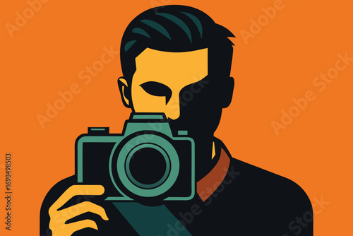 A stylized illustration of a man holding a camera, his gaze directed towards the viewer.