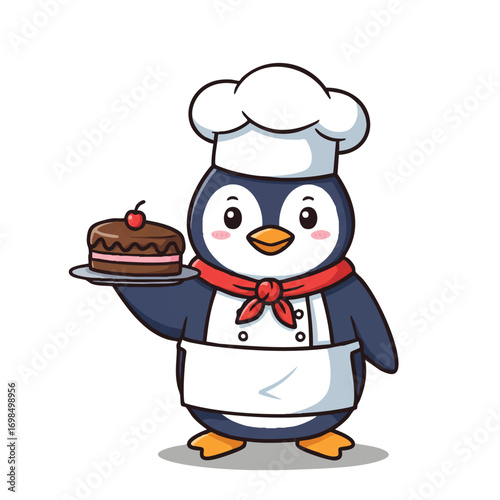 A cute penguin chef wearing a toque and apron proudly presents a delicious cake on a platter, depicted as a vibrant 2D flat vector illustration with clean outlines against a white background.
