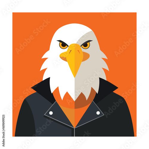 Bald eagle wearing a black leather jacket and orange shirt Keywords: eagle, bird, animal
