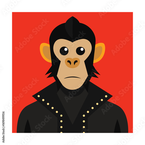 Serious monkey in a studded black jacket on red background
