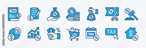 Set of tax icon. Taxation, invoice, form, document, payment, finance, wealth bill, refund, deduction, accounting, calculator, law, property, calendar deadline, rate increase - vector illustration