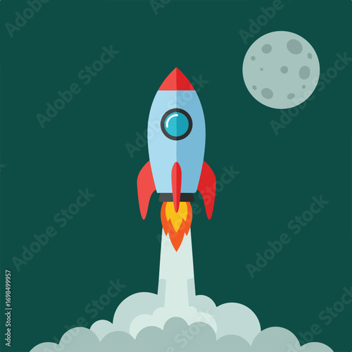 Rocketship soaring to the moon on a dark night, leaving a trail of smoke and fire