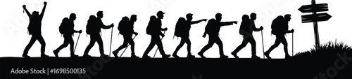 Silhouette of group hikers trekking on flat terrain, carrying backpacks and walking sticks, outdoor adventure, teamwork, nature exploration, fitness, healthy lifestyle
