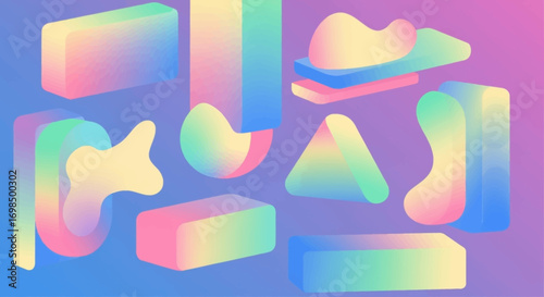 A collection of vibrant 3D geometric and amorphous shapes with holographic gradients.