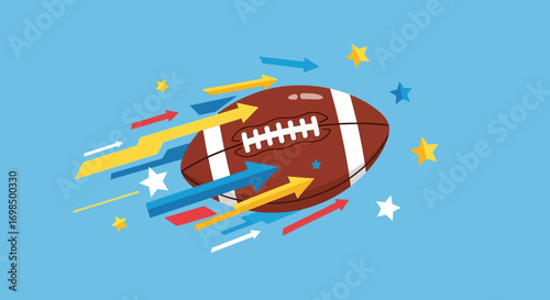 American football ball flying with colorful motion trails and stars.