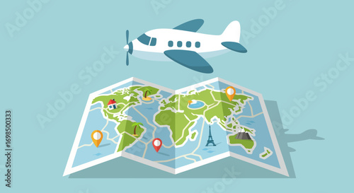 Airplane flying over world map with travel destinations marked.