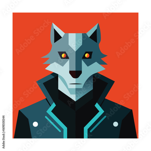 Stylized Wolf Character in a Jacket on Red Background