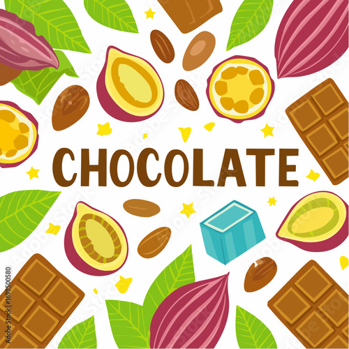 Cocoa and chocolate cartoon set. Cocoa beans, leaves, raw chocolate chunks, wedges of dessert chocolate, Chocolate text.