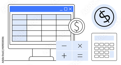 Computer displaying a table, dollar coin, basic calculator, and math symbols. Ideal for finance, accounting, data analysis, budgeting planning tax management and organization. Simple flat metaphor