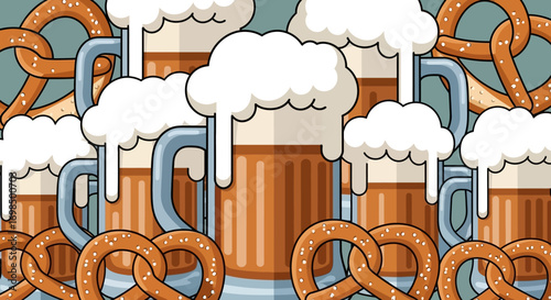 Cartoon Illustration of Frothy Beer Mugs and Salty Pretzels.