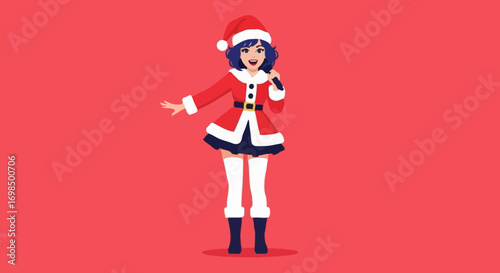 A cheerful anime girl Santa, in a red fur coat and white leggings, sings joyfully, on a red background.