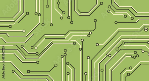 Close up of a green circuit board with intricate pathways and connections.