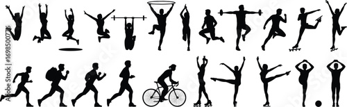 Silhouettes of people jumping, running, cycling, weightlifting, roller skating, dancing, exercising, athletic fitness, active lifestyle, outdoor sports, healthy living, movement, workout